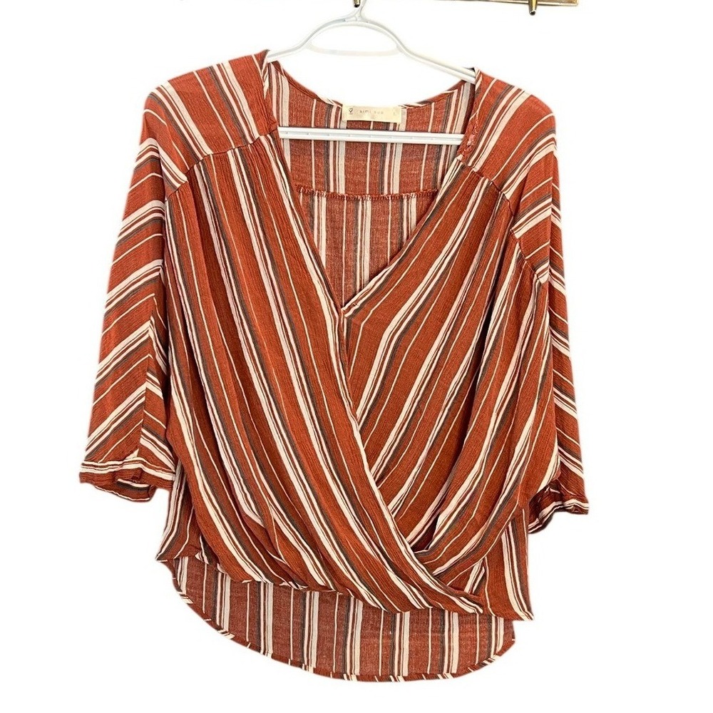 Simi Sue Women's Orange Stripe Wrap V Neck 3/4 Sleeve Blouse Top Size L